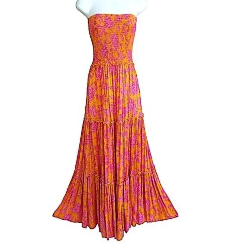 Abel The Label ATL‎ Strapless Tiered Maxi Dress Smocked Bodice Floral Hippie